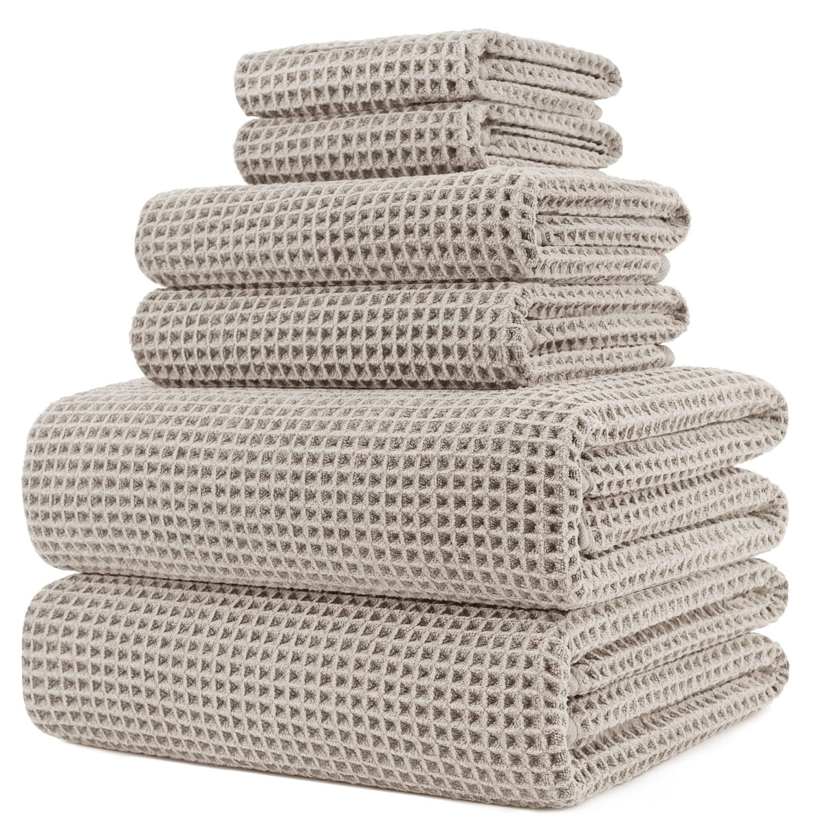 POLYTE Oversize, 60 x 30 in, Quick Dry Lint Free Microfiber Bath Towel Set, 6 Piece (Beige, Waffle Weave)