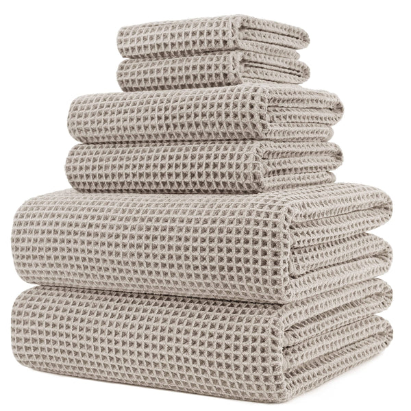 POLYTE Oversize, 60 x 30 in, Quick Dry Lint Free Microfiber Bath Towel Set, 6 Piece (Beige, Waffle Weave)